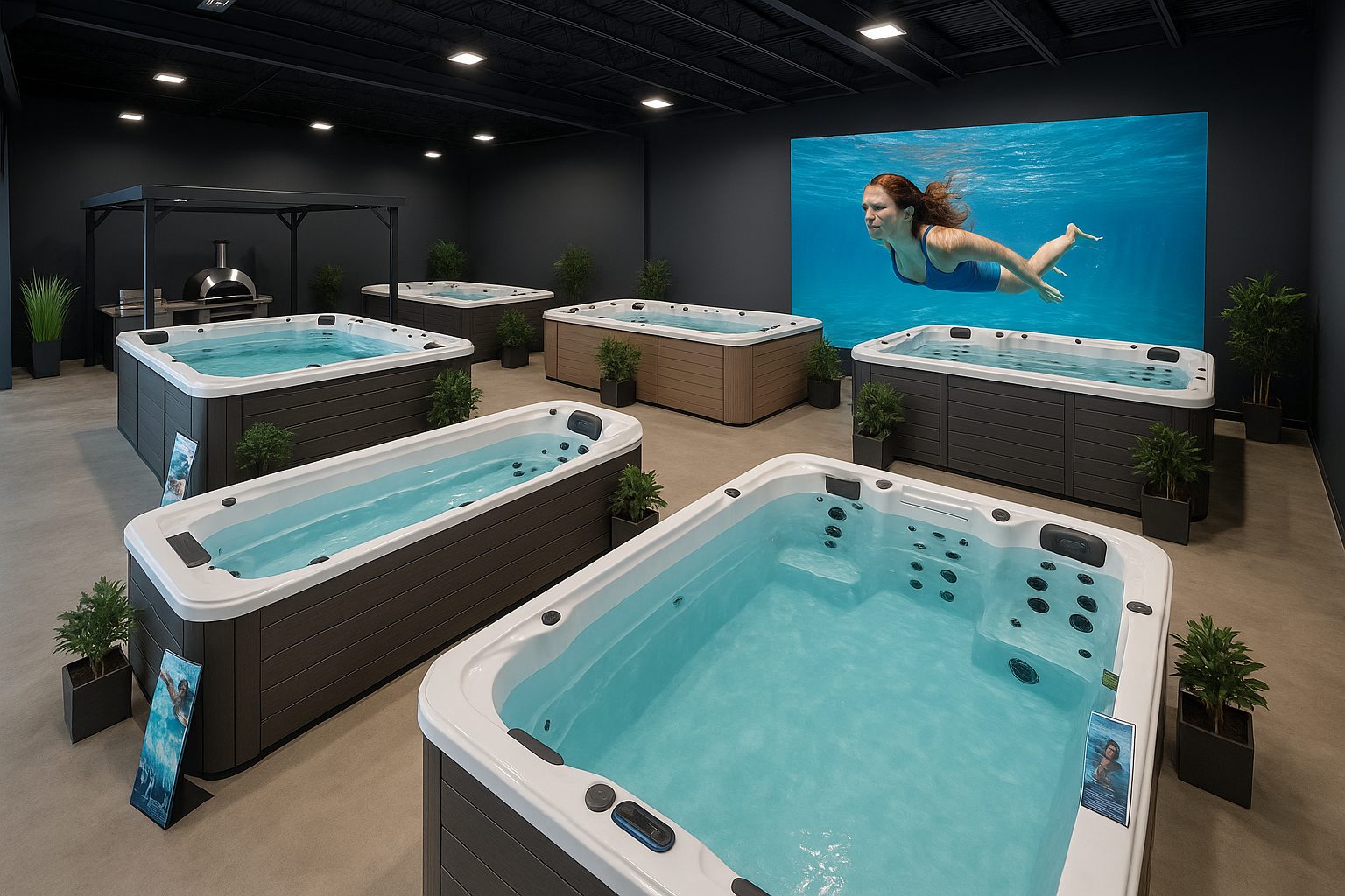 Rows of swim spas on display in a showroom